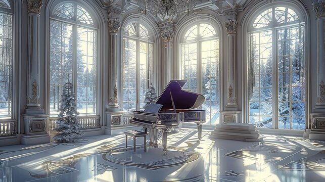 Medieval manor interior, large windows, white and purple, winter, luxurious ball room, piano. Generative AI.