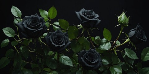 black roses ivy, vines, thorns green leaves black background toxic relationship toxic love concept.