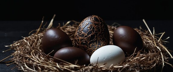 Fototapeta premium Black Background adorned with a chocolate easter egg in a nest and white easter eggs.