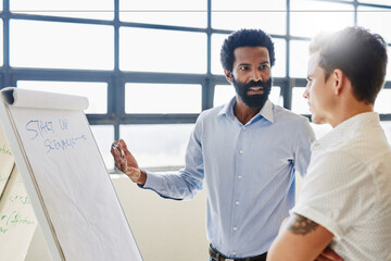 Training, manager and business men with startup scenario talk at board for strategy meeting and...