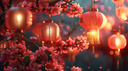 A Chinese new year background design, firecracker, lighting, celebration party, flower and asian elements. Generative AI.