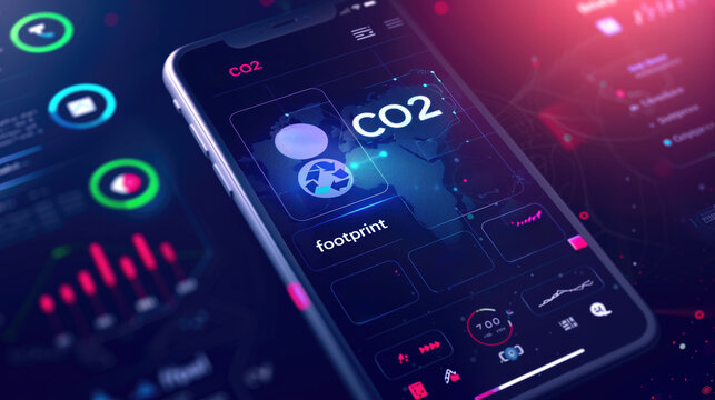 Smartphone displaying CO2 footprint tracking app with data analytics and world map visualizations. Environmental impact monitoring, carbon footprint reduction, sustainability. - Powered by Adobe