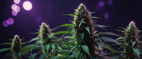 Cannabis plants under a purple hue, portraying the growth of medicinal herbs.