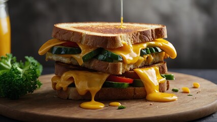 Fototapeta premium Breakfast with fresh grilled cheese vegetarian sandwich with melted cheddar cheese and vegetables.