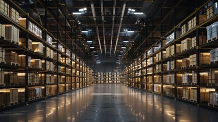 Interior View of Warehouse Filled with Stacked Boxes and Packages