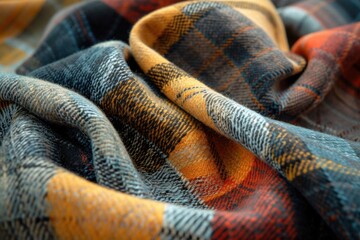 Folded plaid blankets in autumn hues, showcasing intricate patterns.
