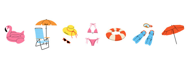 Fototapeta premium Summer beach set. Umbrella, sun lounger, inflatable ring and ball. Swimsuit hat and glasses. Fins and diving mask. Summertime holiday journey. Sea vacation, vector cartoon flat isolated illustration