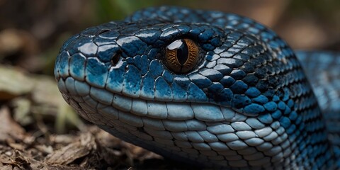 Fototapeta premium Blue viper snake closeup face Dangerous animal snake closeup.