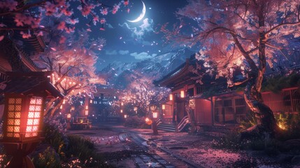 A beautiful night scene of cherry blossoms (sakura) in full bloom, illuminated by moonlight and lanterns