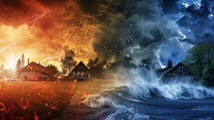 A collage showcasing various extreme weather events globally, highlighting the effects of climate change and global warming