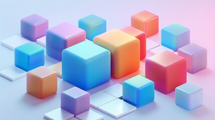 Abstract Futuristic 3D Render Minimalistic Style with Floating Geometric Shapes Isometric Design, Light Color Theme, Bright Background, and Soft Lighting