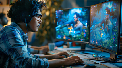 Obraz premium Indian Male Game Designer Using Desktop Computer With 3D modelling Software 