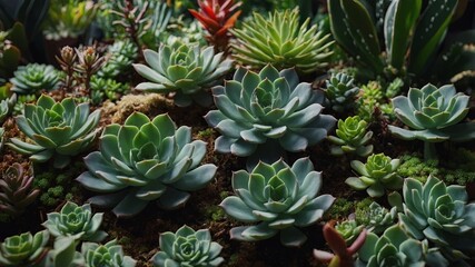 Obraz premium Botanical Background with Succulents Natural Wallpaper with Exotic Plants.