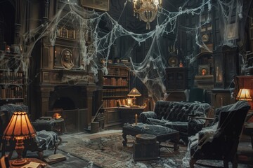 Vintage library room filled with cobwebs and antique furniture illuminated by low light. Halloween decor, haunted house setting, spooky ambiance, historical study room, gothic design.