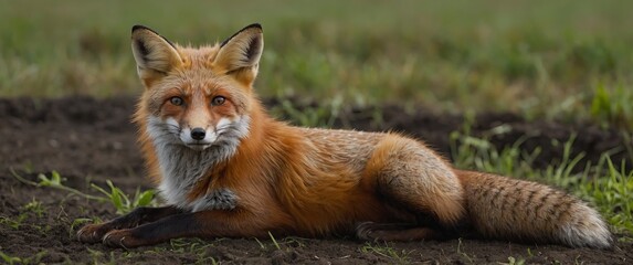Fototapeta premium Bored young red fox, vulpes vulpes, lying down and stretching legs on agricultural field Cute wild animal resting in nature from front view Mammal with fur near den with copy space.
