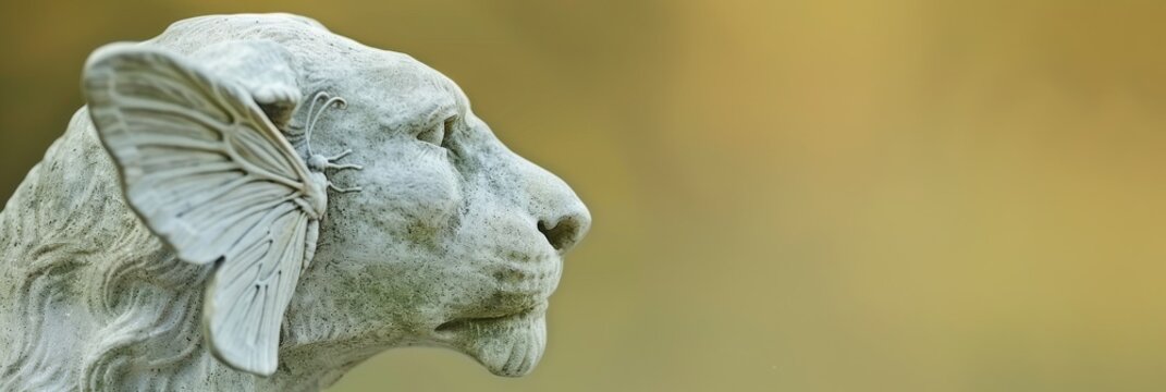 A closeup shot of a lion statue with butterfly wings captured in a highdefinition photograph its intricate details and textures highlighted against a soft blurred meadow background where tiny statues