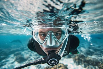 man wearing full face scuba mask and swimming in clear water of tropical island, underwater view from front angle with copy space on top