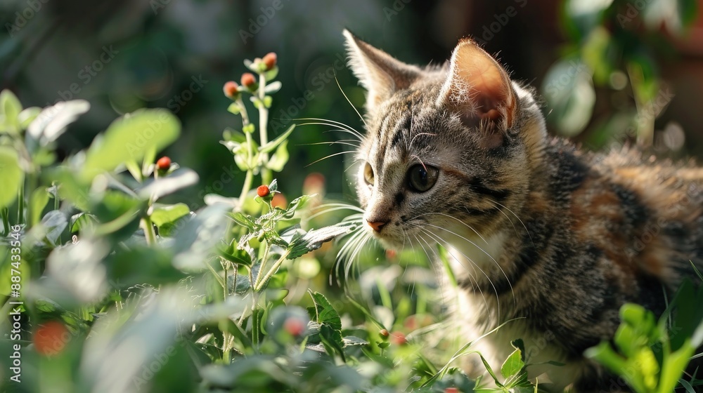 Canvas Prints Striped cat playing with plants in yard