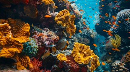 A close up of an underwater coral reef with yellow and green sponges, red rock walls in the Caribbean Sea. Fish are swimming around, and a small green sea cucumber is hiding between the rocks. This wa