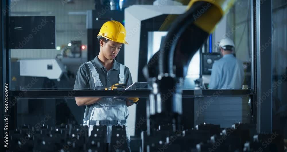 Leinwandbilder young asian technician setting up automation protocols on a modern robotic arm. male using a tablet 