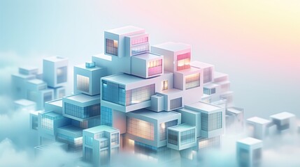 Abstract Futuristic 3D Render Minimalistic Style with Floating Geometric Shapes Isometric Design, Light Color Theme, Bright Background, and Soft Lighting
