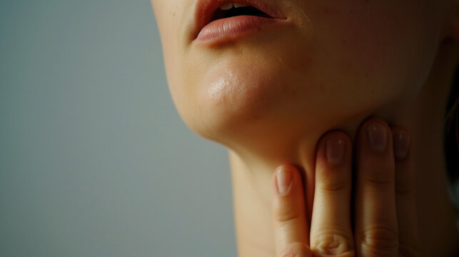 Close-up of a person touching their throat, indicating pain or discomfort. Health issues, medical diagnosis, sore throat, healthcare concept.