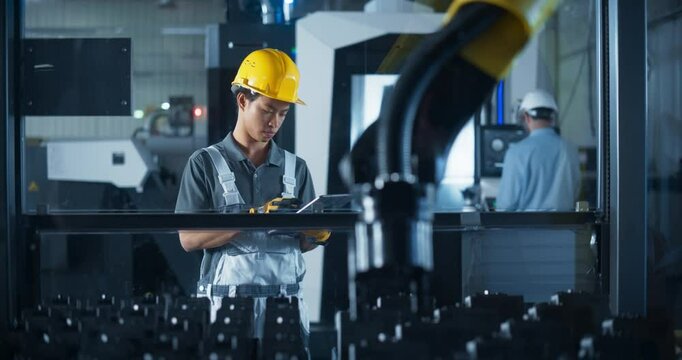 Young Asian Technician Setting Up Automation Protocols on a Modern Robotic Arm. Male Using a Tablet Computer to Operate a Technological Piece of Machinery at a Metal Components Production Factory