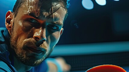 Table tennis player in action close-up photo. Ping pong horizontal banner. Download a photo of a table tennis player for a tenis racket packaging design. Image for tennis ball box template