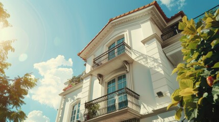 A tall white building with multiple balconies, suitable for use in architectural or urban planning contexts