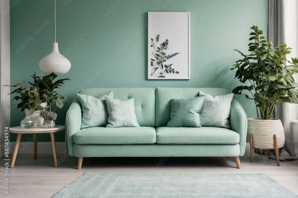 Poster Modern mint green living room interior design with sofa rug and walls