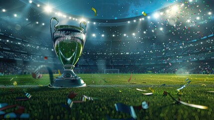 The champion cup stands on a green field at a football stadium with the light of spotlights and confetti. Football cup final creative idea. Euro 2024 celebration