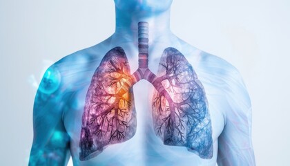 Medical illustration of human lungs showcasing respiratory system anatomy and highlighting lung health and disease concepts.