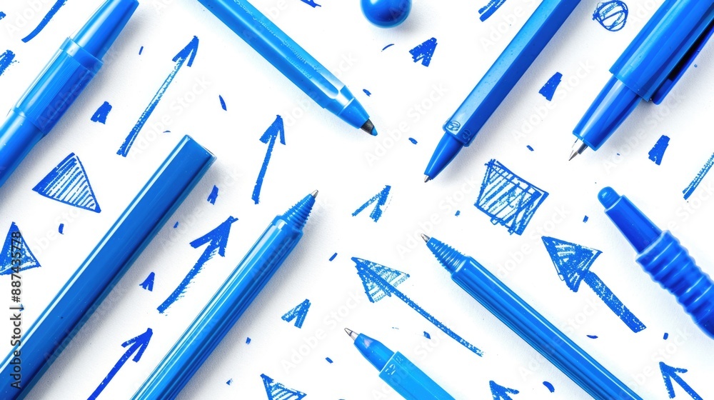 Poster a collection of blue pens and pencils arranged on a white surface, perfect for creating artwork or w