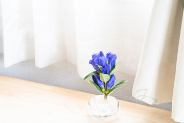 テーブルに飾った小さなリンドウ