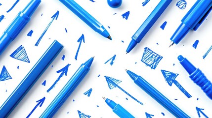A collection of blue pens and pencils arranged on a white surface, perfect for creating artwork or writing projects