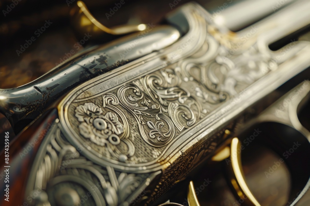 Poster a close-up shot of a gun lying on a table