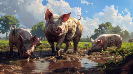 a group of pigs playing in a mud pit on a sunny day