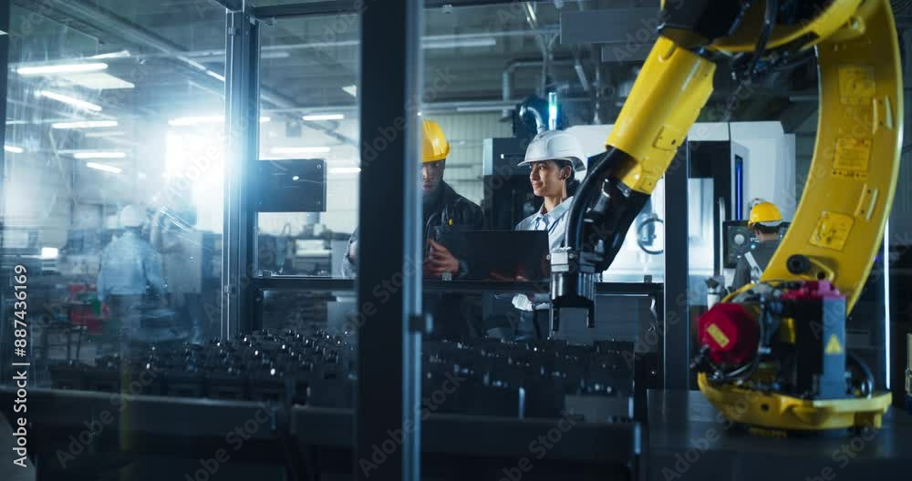 Leinwandbilder factory workshop: professional caucasian female engineer and african male machinery operator having 