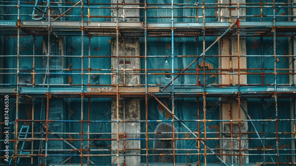 Poster A large building under construction with scaffolding on one side, ideal for use in architectural or construction-related contexts
