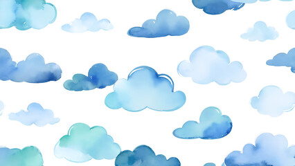 seamlesss pattern with cartoon clouds watercolor hand drawn illustration