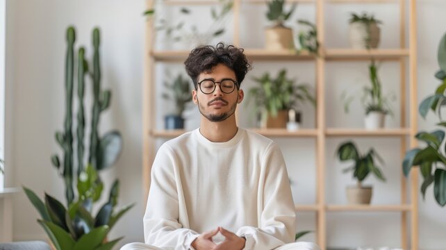 A man practices mindfulness meditation before sleep.