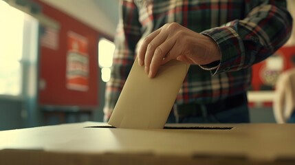 Closeup of hand inserting envelope in ballot box.