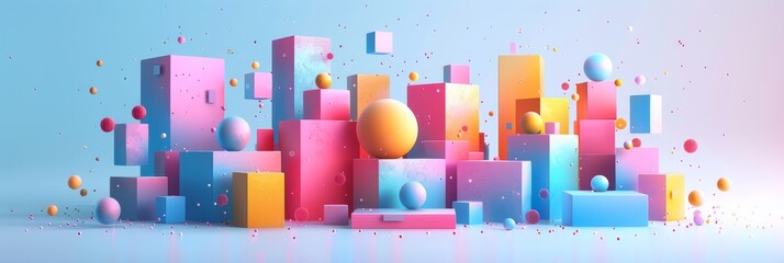 Obraz premium Abstract Futuristic 3D Render Minimalistic Style with Floating Geometric Shapes Isometric Design, Light Color Theme, Bright Background, and Soft Lighting