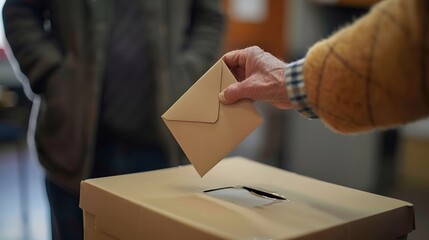 Closeup of hand inserting envelope in ballot box.
