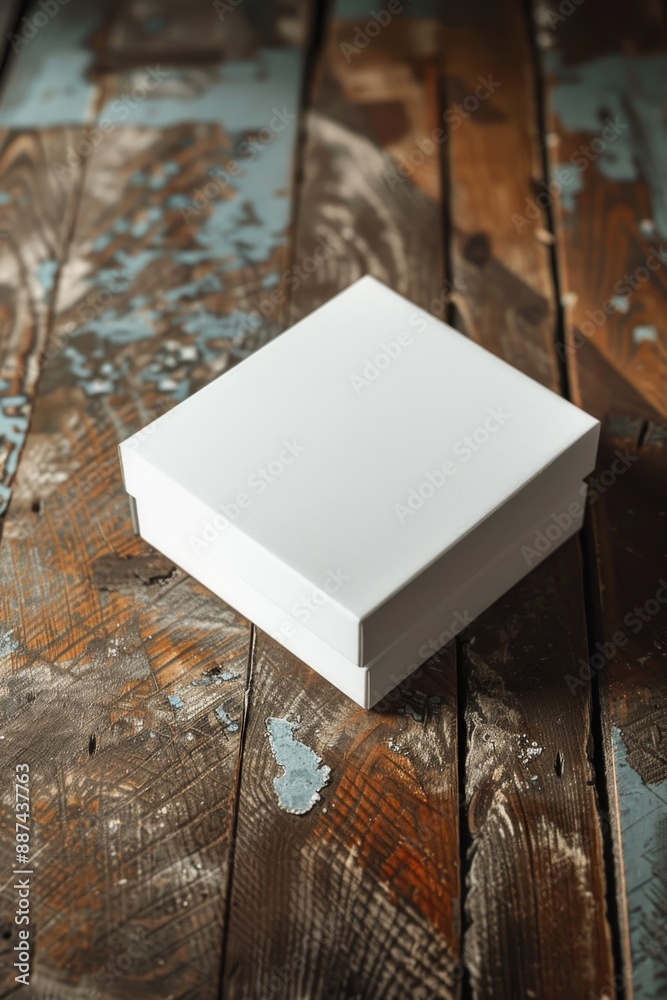 Poster a single white box placed on top of a wooden table, suitable for use in product photography or as a 