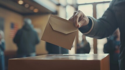 Closeup of hand inserting envelope in ballot box.