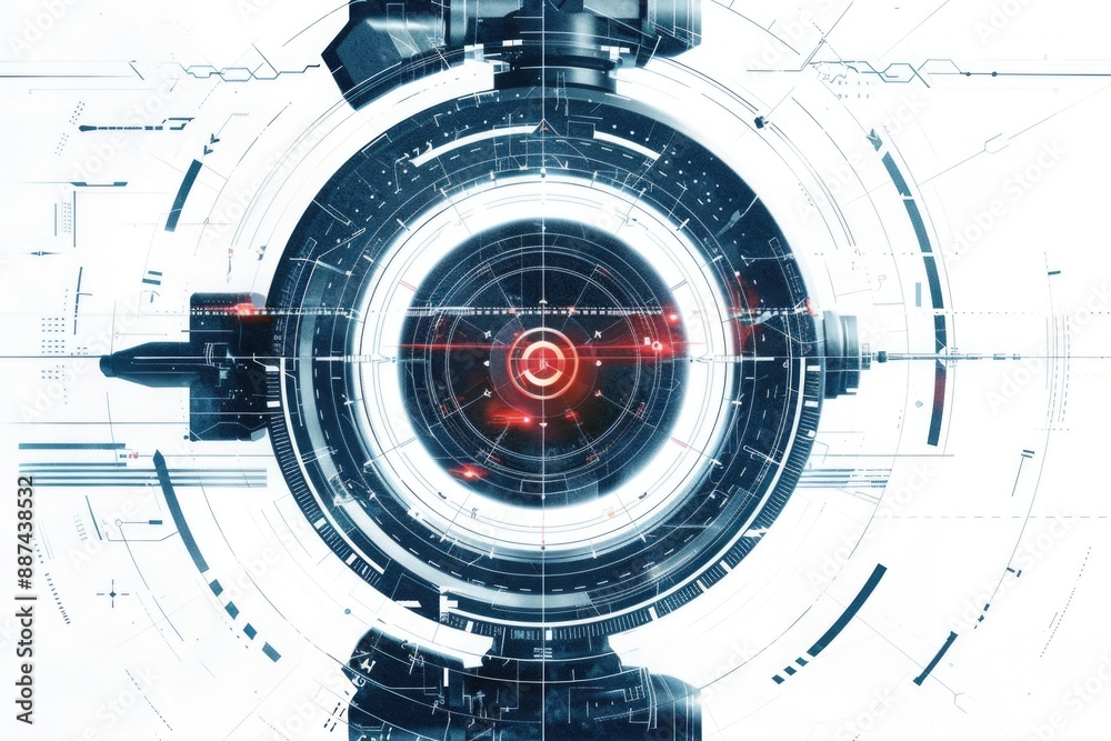 Poster a futuristic camera with a bright red light at its center, ideal for use in sci-fi or technological 