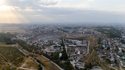 Aerial view of Bishkek cityscape with industrial and residential areas