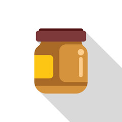 Glass jar with brown substance and yellow label casting long shadow on white background