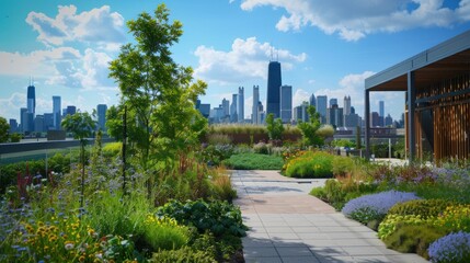 Rooftop gardens with a stunning city skyline as the backdrop